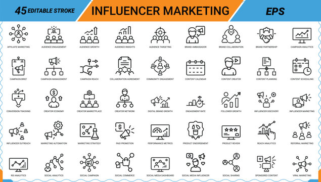 Influencer marketing icon set 45 linear elements for social media strategy and brand content.