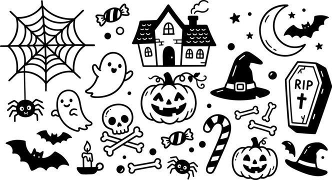 Cute Halloween Doodle Vector Set with Hand Drawn Ghosts, Jack O Lantern Pumpkins, Haunted House, Witch Hat, and Spooky Decorative Elements for Holiday Cards