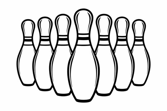 Black and white bowling pins, vector bowling icons, pinball game elements, line art sports graphics