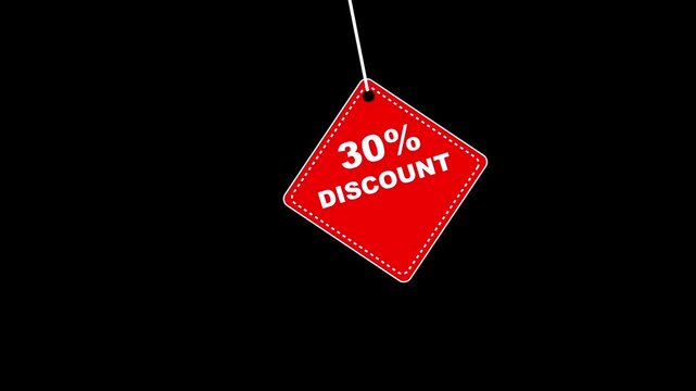30% discount red tag swinging on string isolated on black background, for retail sales, promotion and e-commerce marketing