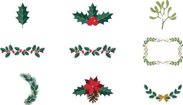 Christmas Botanical Floral Vector Element Set with Holly Berries Mistletoe Poinsettia Flower Pinecone and Festive Foliage Borders for Winter Holiday Invitation Designs