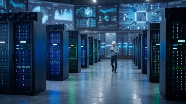 Engineer inspecting modern data center server infrastructure with digital tablet for cloud computing and artificial intelligence operations in high tech facility