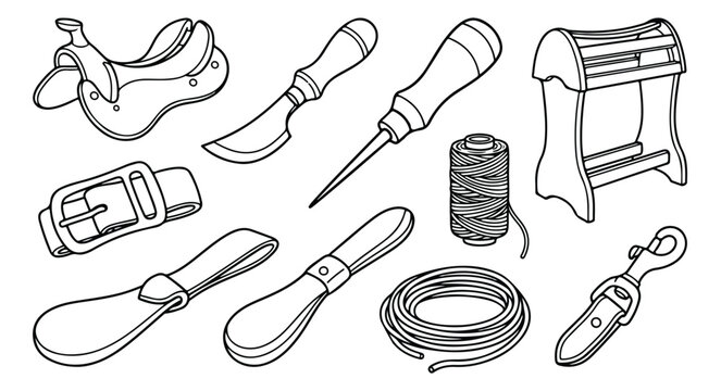 Leathercraft tools and supplies vector collection, essential leather working equipment, saddle making accessories, artisanal craft workshop elements