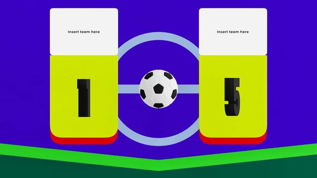 Colorful soccer score transition with 1-5 scoreboard, editable team panels, smooth motion graphics in 4K looping 60 FPS for sports broadcasts, livestreams, highlights, and match presentation.