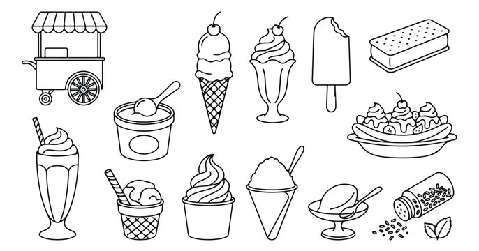 Ice cream parlor line art vector collection, sweet dessert shop elements, frozen treat icons for menu design, summer snack illustrations, black and white outline graphics