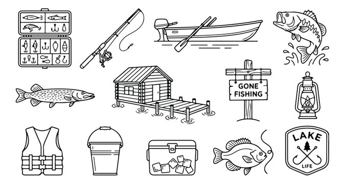 Fishing adventure vector icon set, outdoor recreation and angling equipment collection, lake life and sport fishing essentials, black and white line art illustrations for hobby and leisure