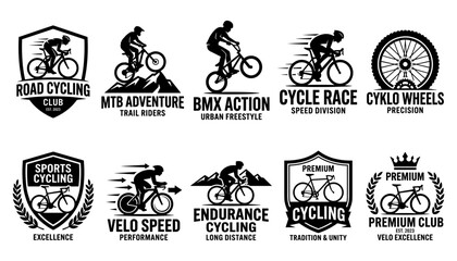 Obraz premium Cycling Logos Set with Bmx, Road, Trail, and Velo Labels in Vector Badges Style for Sports Branding Featuring Logo, Badge, Emblem