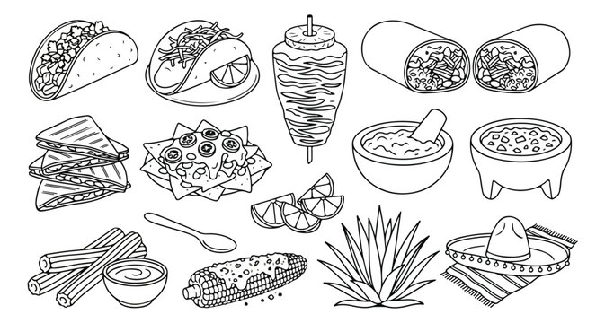 Authentic Mexican food vector line art collection, traditional cuisine dishes and ingredients, black and white outline illustrations for menus and cultural designs