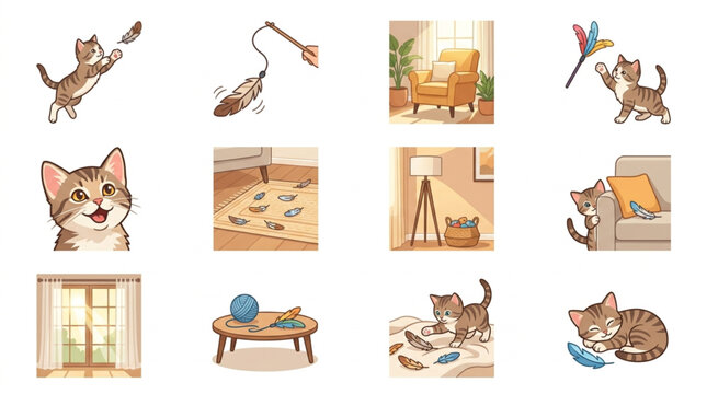 Collection of playful cats and their toys in various domestic settings.