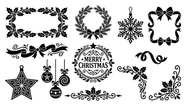 Christmas Ornamental Badges and Frames Set with Snowflakes, Wreaths, Ribbon Swirls and Star Icons in Black
