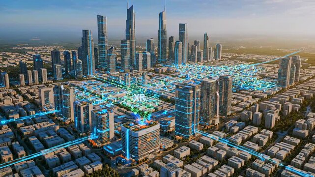 Skyline antennas and fiber routes enable vibrant city connectivity networks, Brightly illuminated rooftop servers and data pathways interconnect city infrastructure in luminous neon design