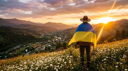 Ukraine Independence Day Man with Flag at Mountain Sunset