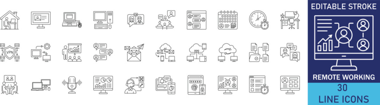 Remote working and flexible work from home line icon set. Vector symbols for digital nomad workspace, online team video conference, flexible hours schedule, and cloud collaboration.