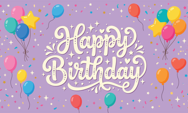 Purple birthday greeting card template with colorful balloons and stars for festive celebrations