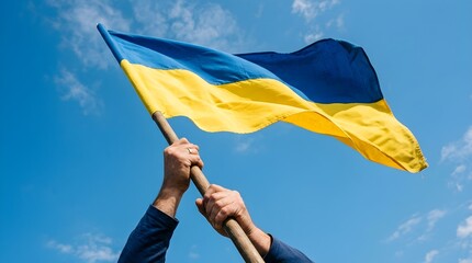 Ukraine Independence Day Celebration with Waving Flag Against Blue Sky
