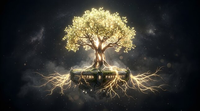 Glowing Tree of Life on mystical altar with roots and branches