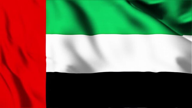 United Arab Emirates flag waving in wind, seamless loop of Emirati national banner showing red, green, white, and black colors, smooth fabric texture and animation.