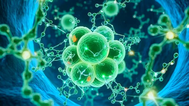 microscopic cellular cluster floating among molecular network with green membranes and interconnected molecules, high detail microscopy style with fluorescent highlights and research context