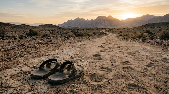 Pair of sandals resting on a dusty desert path at sunset with mountain view