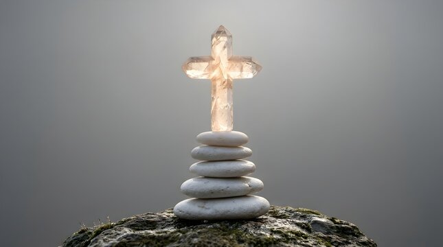 Glowing crystal cross balanced on white stones in a serene spiritual setting