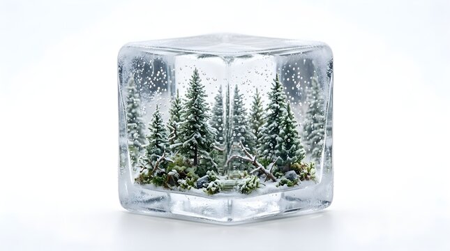 Transparent ice cube containing a miniature evergreen forest in winter style