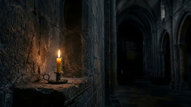 Burning candle glowing in a dark stone cathedral with moody atmospheric lighting
