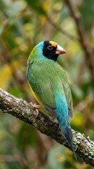 Obraz premium Colorful Gouldian finch bird perched on mossy branch with vibrant green blue yellow feathers and black face in natural