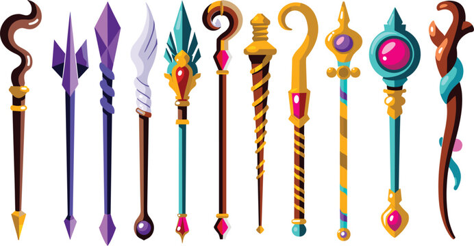 Magic wands and sorcerer staffs collection with colorful fantasy wizard scepters crystals and gems game asset icons vector
