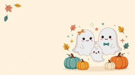 Naklejka premium Cute Kawaii Ghost Family with Pumpkins Autumn Halloween Background