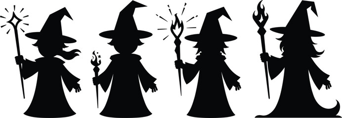 Magical wizard and witch silhouettes collection holding magic wands casting spells for Halloween or fantasy design vector © Afroja