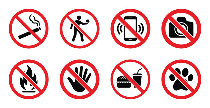Set of prohibition signs for restricted areas with red circle and black flat silhouettes.