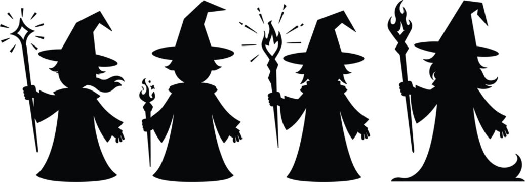 Magical wizard and witch silhouettes collection holding magic wands casting spells for Halloween or fantasy design vector