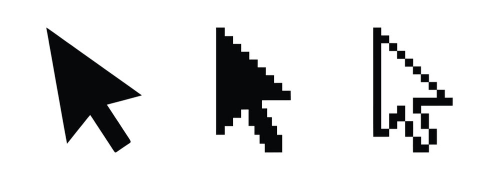 Collection of three black computer mouse cursor icons in different styles on white surface.