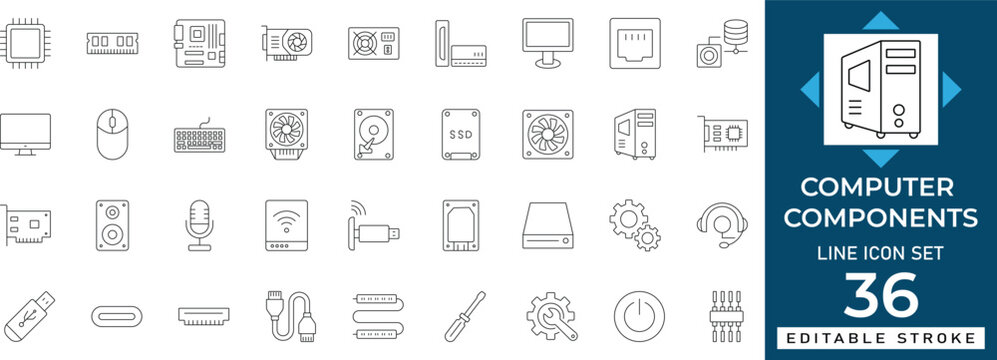 Computer component line icon set featuring hardware parts, processor, ram, motherboard, and graphics card. Professional editable outline vector illustration for tech app and UI/UX design.
