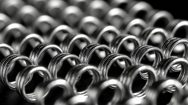 Rows of miniature precision metal springs tightly coiled, showcasing industrial manufacturing components.