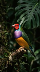 Obraz premium Gouldian finch bird perched on mossy branch with green leaves in tropical rainforest macro photography for mobile