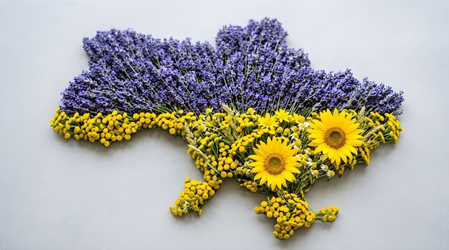 Ukraine Independence Day Map Made of Blue and Yellow Flowers