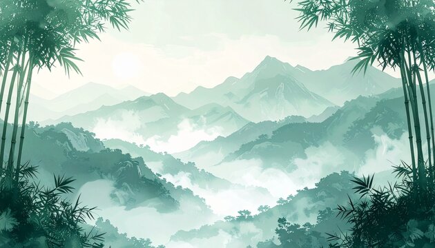 Minimal watercolor mountain landscape framed by bamboo in pale sage green palette, airy tranquil scenery