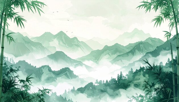 Minimal watercolor mountain landscape framed by bamboo in pale sage green palette, airy tranquil scenery