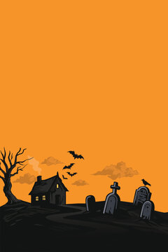 Minimalist silhouette graveyard landscape with dead tree, bats and haunted mansion on sunset sky vertical background graphic illustration have blank space.