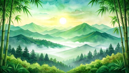 Fototapeta premium Ultra-premium Japanese watercolor landscape featuring elegant bamboo framing layered mountains, sophisticated Asian art