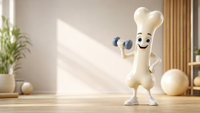 3d wellness concept with happy cartoon bone character lifting dumbbell in bright room promoting health and fitness for strong bones and active lifestyle