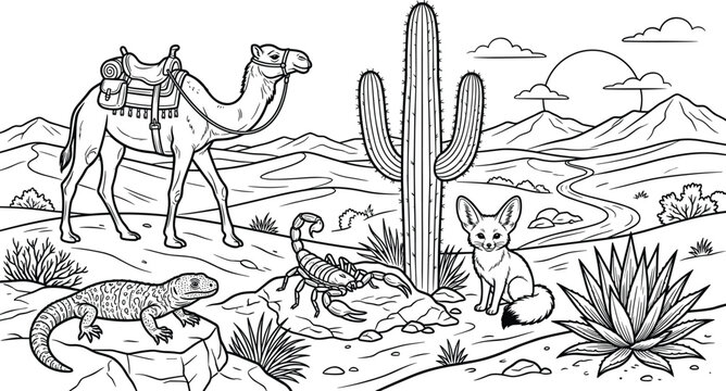 Desert ecosystem illustration with camel, cactus, scorpion, fennec fox, lizard, mountains, shrubs, and sunlit arid landscape for nature design projects