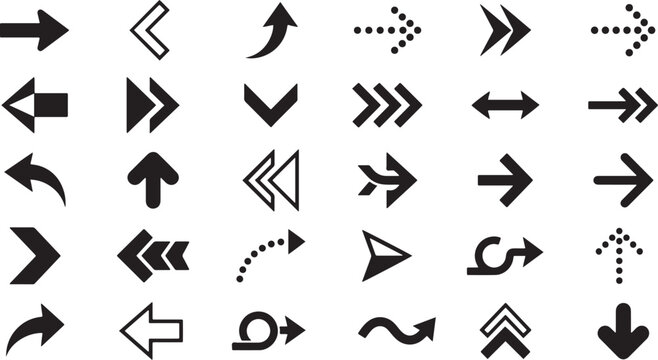 Black arrow icon set with various shapes for navigation and interface design isolated on transparent background including direction symbols pointing right left up down curved and straight.