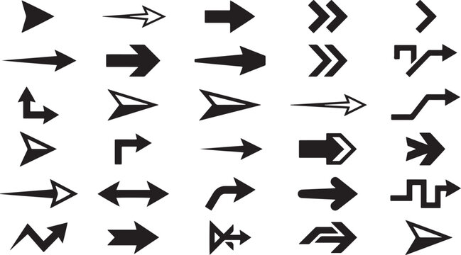 Large set of various arrow vector icons featuring straight curved zigzag bent and directional symbols for web navigation user interface design maps signage and infographic layout elements.