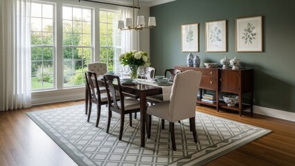 Fototapeta premium Dining room with dark wood table, green walls, floral art, & patterned rug