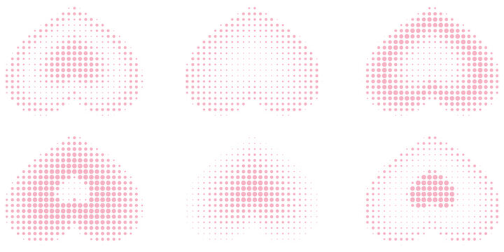 Set of different shaped hearts with halftone effect. Monochrome, pop art style dotted hearts, isolated on white background. Vector illustration