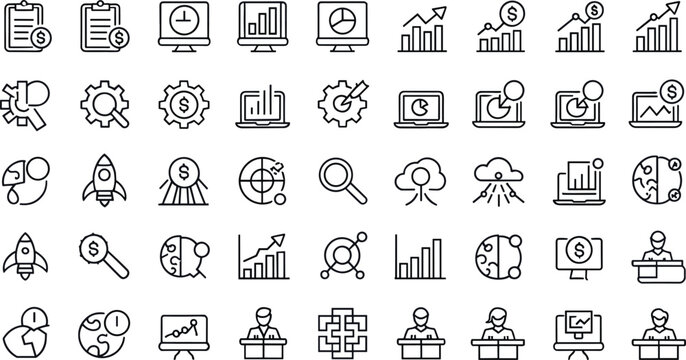 Mega business data analytics icon pack featuring financial growth charts market research computer dashboard diagrams linear black vectors template