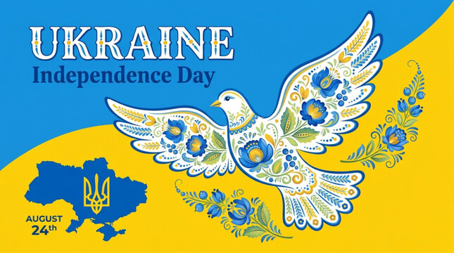 Ukraine Independence Day Illustration with Dove and Folk Art Patterns