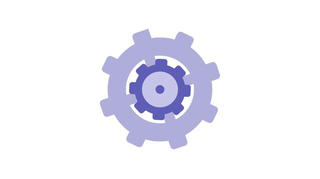 4K motion graphic of mechanical gear rotation with transparent alpha channel transparency. 2D cartoon animation of machine component, toothed wheel isolated on white background.